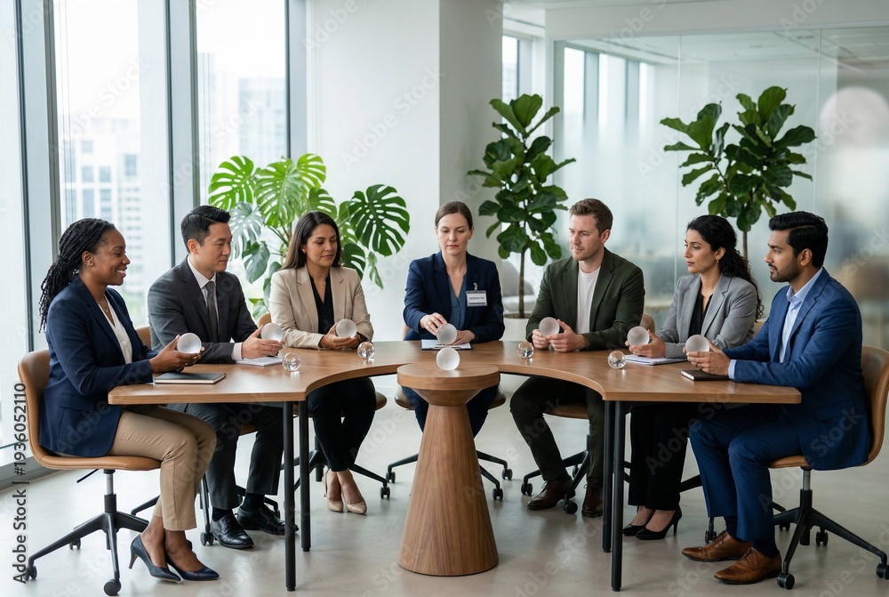 Obraz premium A realistic corporate portrait scene featuring a diverse panel seated in a semicircle, each holding a frosted glass sphere symbolizing data stewardship, with a moderator placing one on a wooden