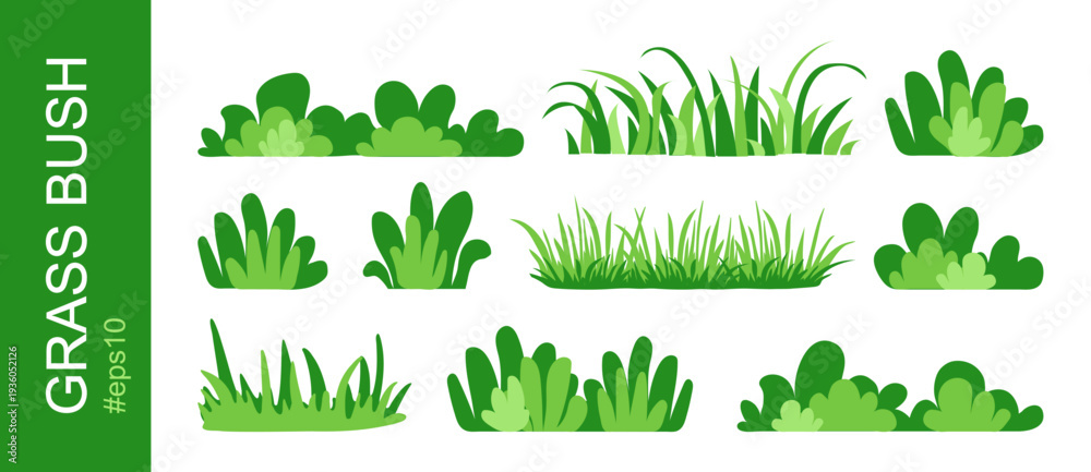 Naklejka premium Grass bush, cartoon tree silhouette. Green lawn, forest, park and shrub icon. Simple field plant, spring meadow, cute summer jungle collection isolated on white background. Nature vector illustration