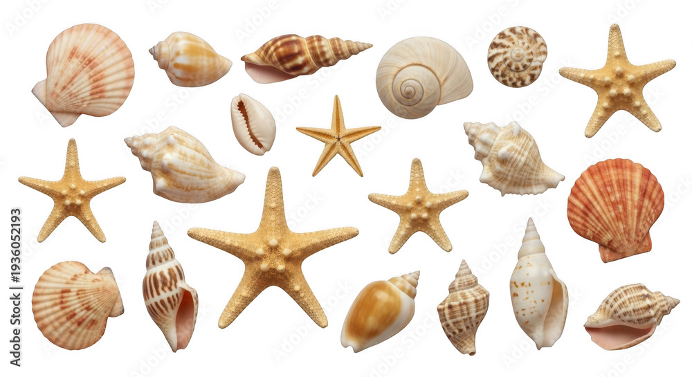 Fototapeta premium Collection of seashells and starfish from the ocean floor, natural beach treasures