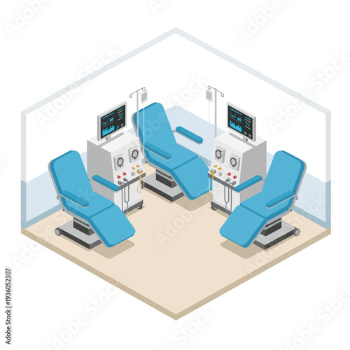 Dialysis Machines with Blue Patient Chairs.