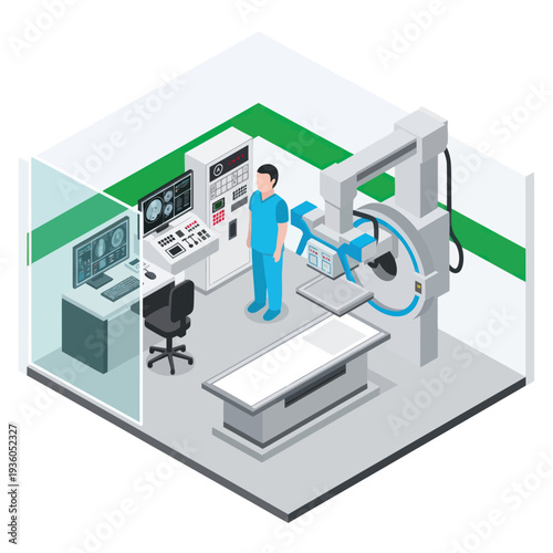 Medical Imaging Room with Doctor and Equipment.