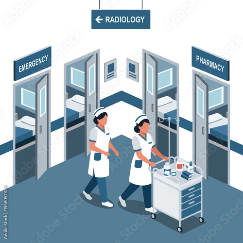 Medical Professionals in Hospital Corridor.