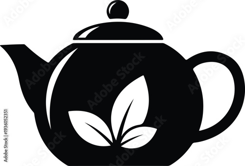 Silhouette black teapot with tea leaves for hot organic drink vector illustration
