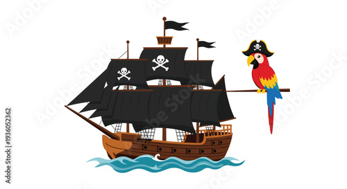 A detailed black pirate ship with skull flags sails on blue waves next to a colorful parrot wearing a pirate hat on a white background.
