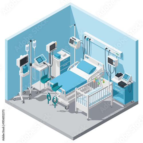 Hospital Room with Medical Equipment and Bed.