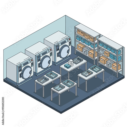 Laundry Room with Machines and Shelves.