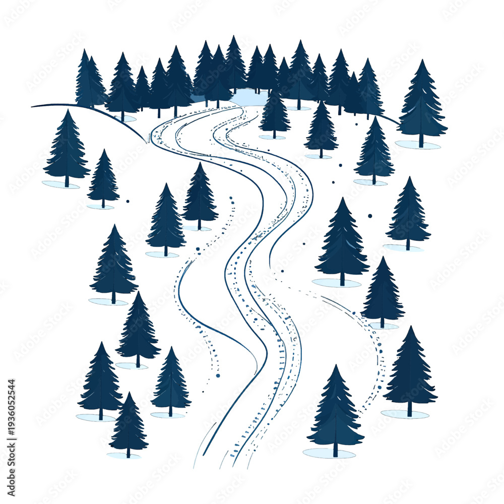 Fototapeta premium Winter Landscape with Snowy Path and Evergreen Trees in Illustration Style