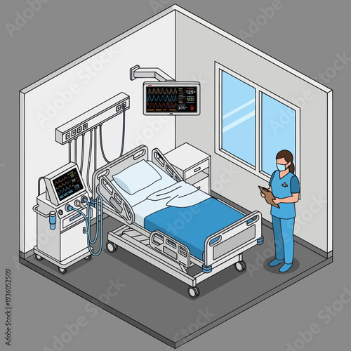 Nurse Standing Beside Hospital Bed in Room.