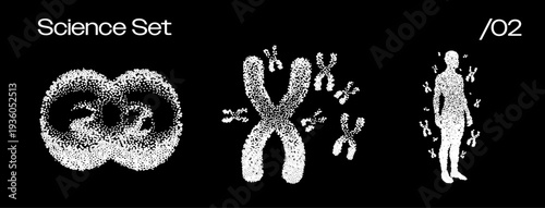 White dot particles form DNA helix, X chromosome and human silhouette on black background with Science Set title and O2 label. Conceptual vector illustration for biology, genetics, DNA structure.