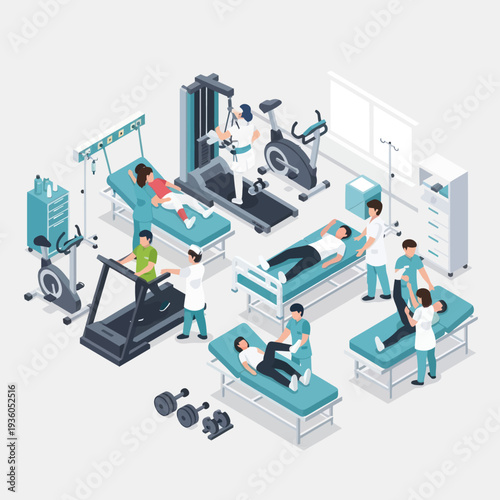 Physical Therapy Clinic with Patients and Therapists.