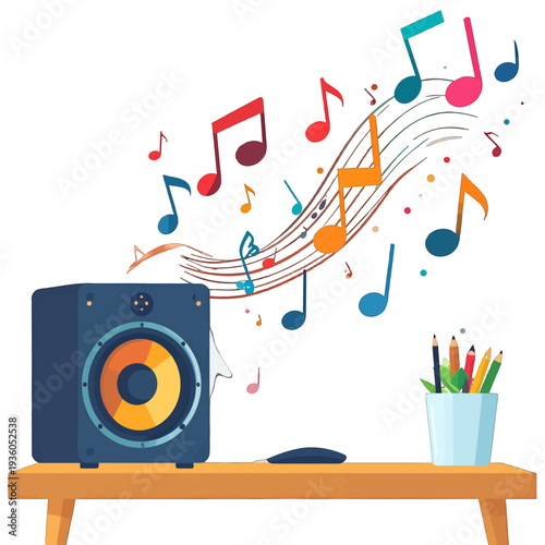 Blue Speaker on Wooden Desk with Colorful Music Notes on White Background