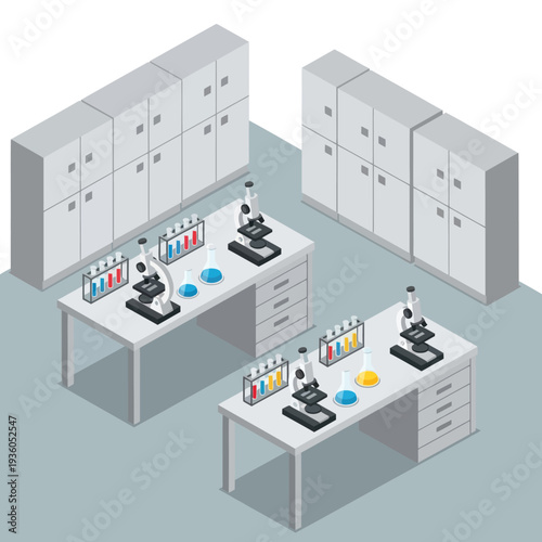 Laboratory Equipment and Microscopes in Workspace.
