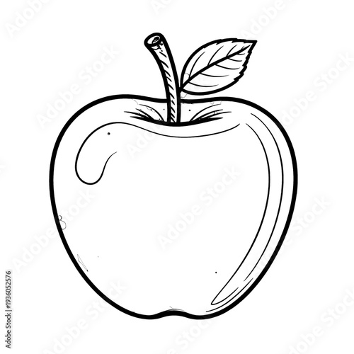 Apple Illustration Outline with Stalk and Single Leaf on White Background Simple Apple Image Ready for Coloring and Creative Projects