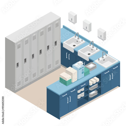 School Locker Room with Blue Lockers and Sinks.