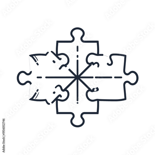 Puzzle Piece Assembly Black and White Concept on White Background