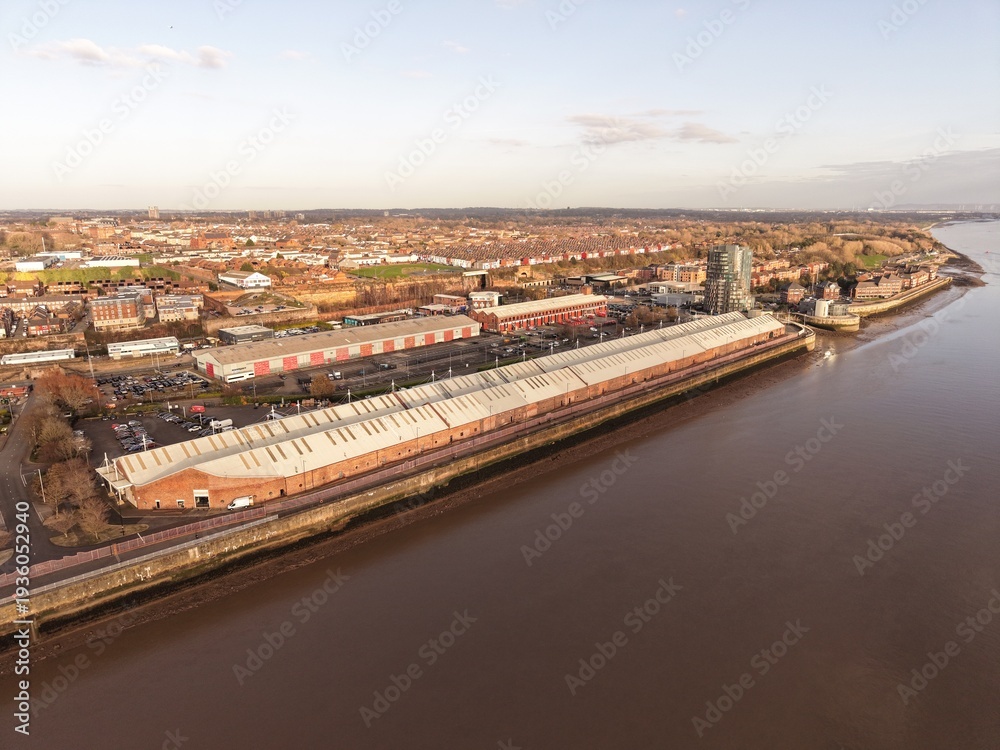 Fototapeta premium Brunswick Liverpool Industrial Estate Factory Roofs Seen From Above