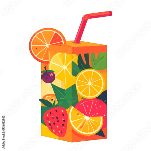 Colorful Juice Box with Fruits and Straw on White Background Fruity Illustration Design