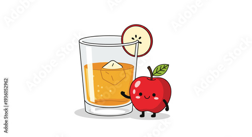 A smiling red cartoon apple with a green leaf stands beside a glass of amber liquid with ice and an apple slice on the rim.