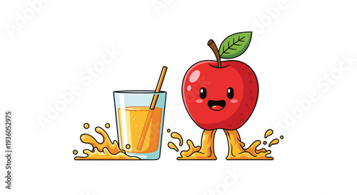 A happy red cartoon apple with juice splashing from its feet stands next to a glass of orange liquid with a straw.