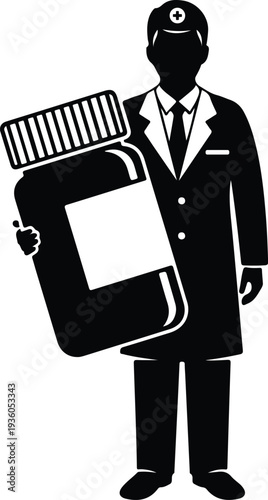 Silhouette of a male pharmacist holding a large medicine bottle vector illustration