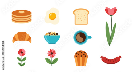 Breakfast food and floral elements illustration