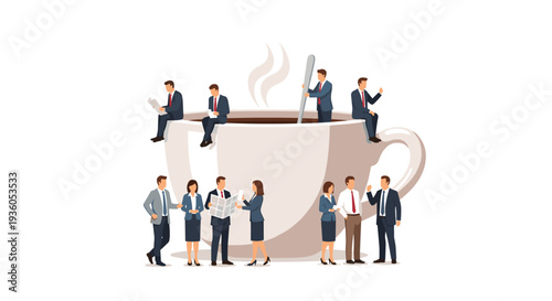 Ten business professionals in suits are gathered around and on a giant steaming white coffee cup, with one stirring the beverage, all on a white background.