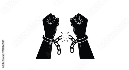 Two powerful black-silhouetted fists are shown forcefully breaking apart metal handcuffs and a chain, with radiating lines indicating the rupture on a white background.