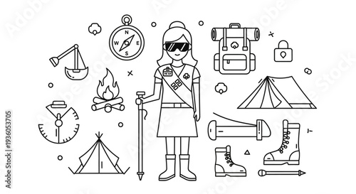A girl scout illustration with camping gear, surrounded by various scouting activity icons in a design concept for a celebration or event