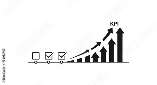 KPI graph with increasing trend arrows and checklist icons on white background for business success and performance measurement
