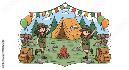 Illustration of two children in scout uniforms celebrating Girl Scout Day with a campfire and tent in a natural outdoor setting with balloons and a festive banner