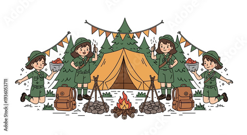Illustration of children in green scout uniforms camping outdoors with a tent, campfire, and trees in a colorful, festive scene
