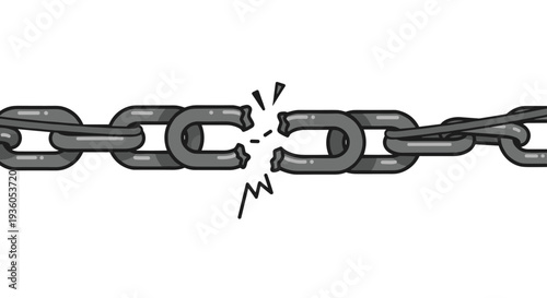 A horizontal metal chain, depicted in grayscale, has one central link visibly fractured into two pieces with radiating lines on a white background.