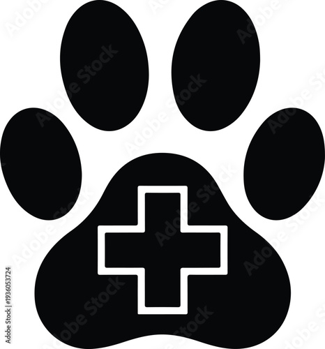 Silhouette paw print with a medical cross for veterinary medicine vector illustration