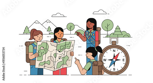Illustration of children on a scouting adventure with a map and compass in a natural outdoor setting with mountains and trees