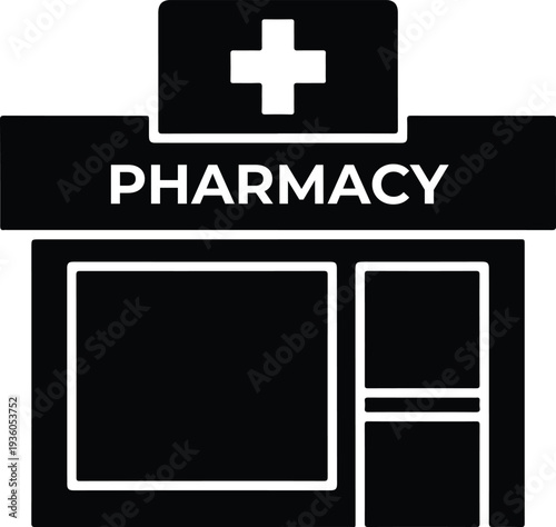 Silhouette pharmacy building with cross sign vector illustration