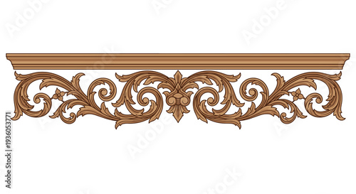An elaborate wooden decorative frieze, featuring intricate scrolling acanthus leaves and floral motifs, is presented with a simpler wooden band along its top edge on a white background.