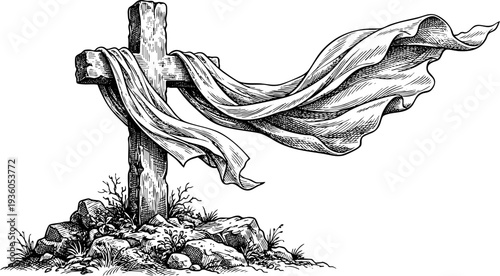 Highly Detailed Engraving Art Stone Cross with Wind Blowing Fabric for Christian Blogs, Easter Websites, Spiritual Cards, Mourning Remembrance, and Holy Week Imagery