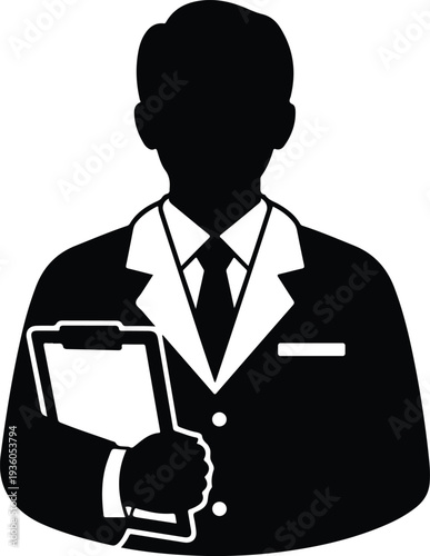 Silhouette professional doctor holding a clipboard in medical uniform vector illustration