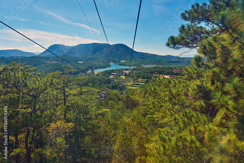 Vietnam. Dalat. Truc Lam Monastery. View from the cable car cabin of the lake and monastery.
