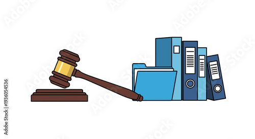 A wooden judge's gavel rests on its sound block beside a row of blue file folders and ring binders on a white surface.