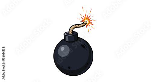 A cartoon-style round black bomb with a lit fuse and bright sparks is centered on a clean white background.