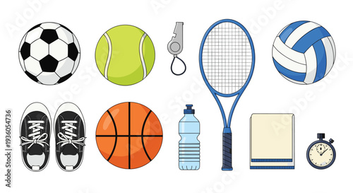 An organized array of sports equipment including a soccer ball, tennis racket, running shoes, and a stopwatch is neatly arranged on a white background.