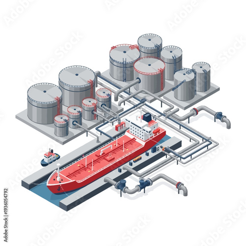 Isometric illustration of an oil tanker docked at a refinery with storage tanks and pipelines.