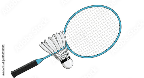 A light blue badminton racket with a white string mesh and a white feathered shuttlecock are displayed on a clean background.