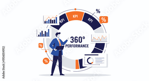 Vector illustration of businessman with 360 degree performance chart