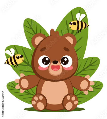 Cute baby bear sitting with honey bees and green tropical leaves, funny forest animal character in cartoon style for kids nursery poster, greeting card, t-shirt print, on transparent background.