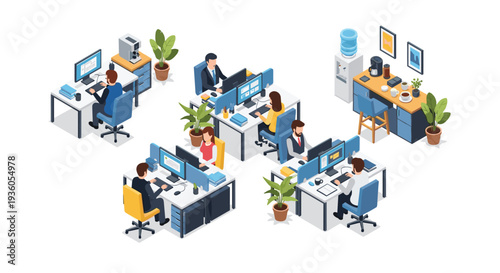 An isometric view shows a busy open-plan office with multiple workstations and a separate break area with a water cooler.
