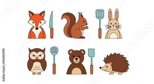 Cartoon animal illustrations and kitchen utensils