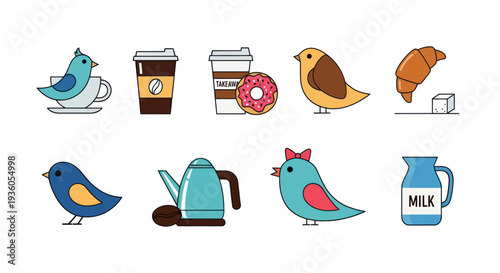 Cartoon birds and food items illustration