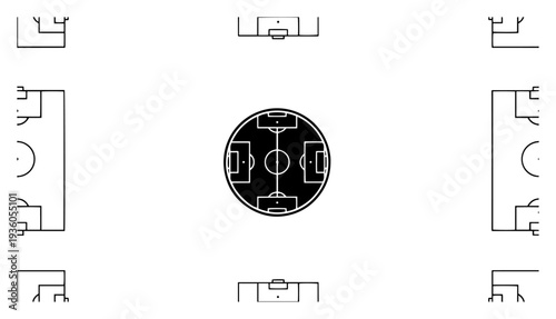 Football field layout and soccer pitch design elements in black and white minimalist style